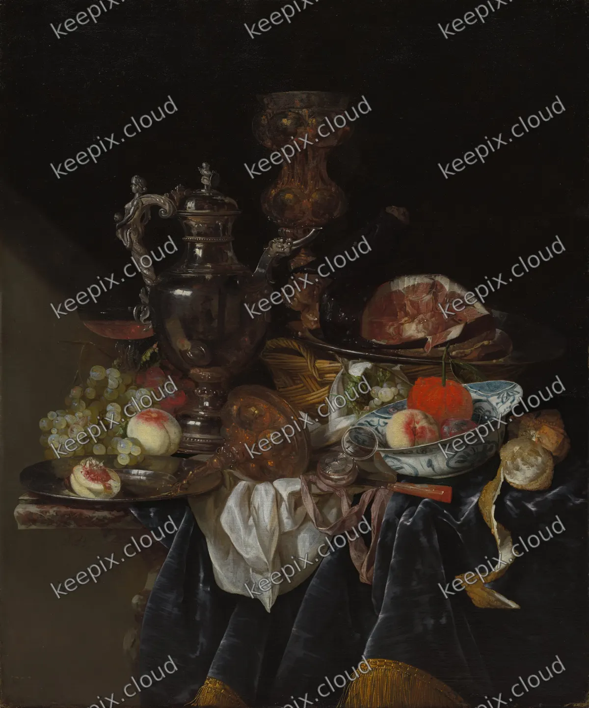 Silver Wine Jug, Ham, and Fruit