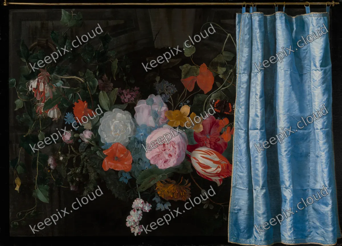 Trompe-l'Oeil Still Life with a Flower Garland and a Curtain