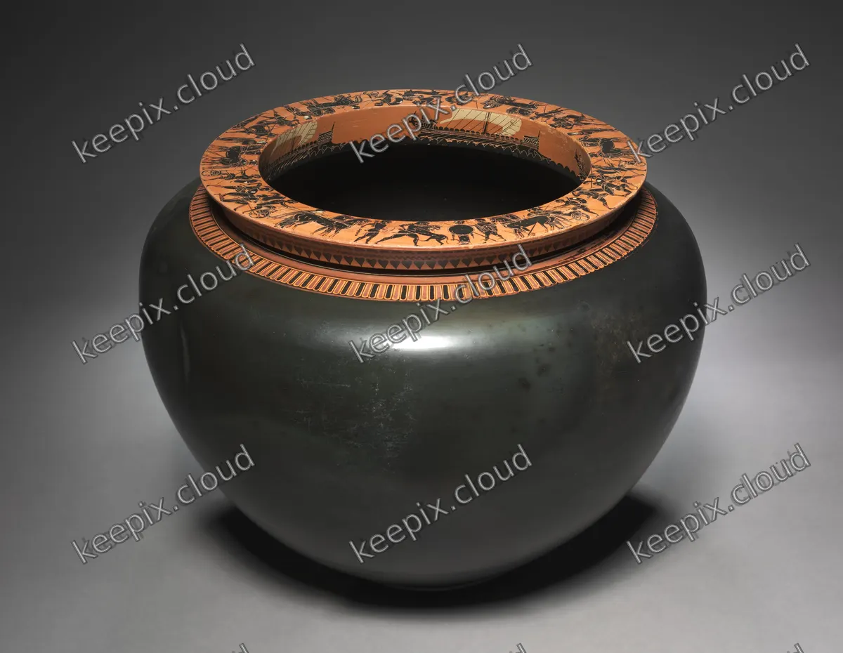 Black-Figure Dinos (Mixing Vessel): Warships (Int.); Heroic Scenes (Top)