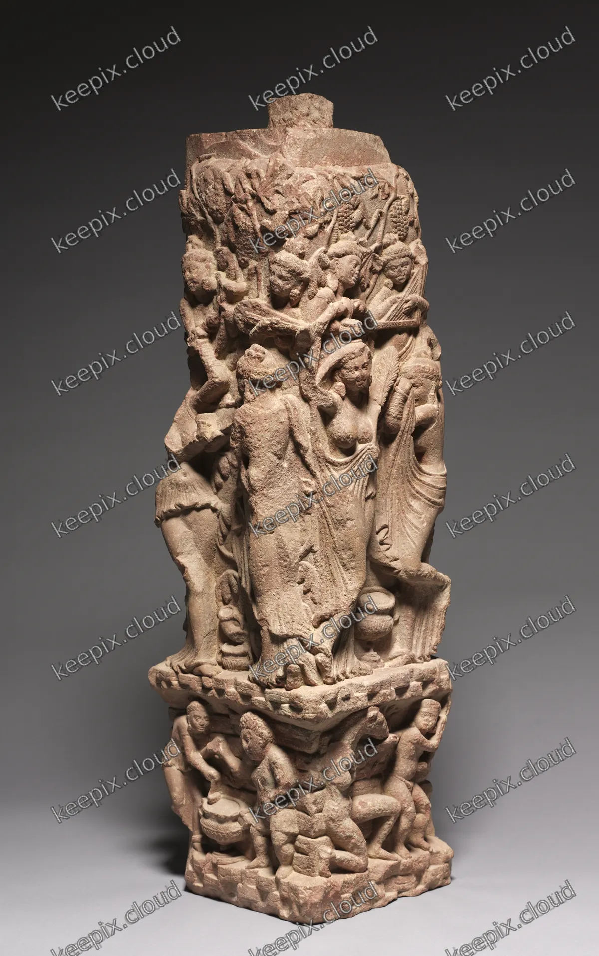 Corner Railing Pillar with Drinking Scenes, Yakshis, and Musicians