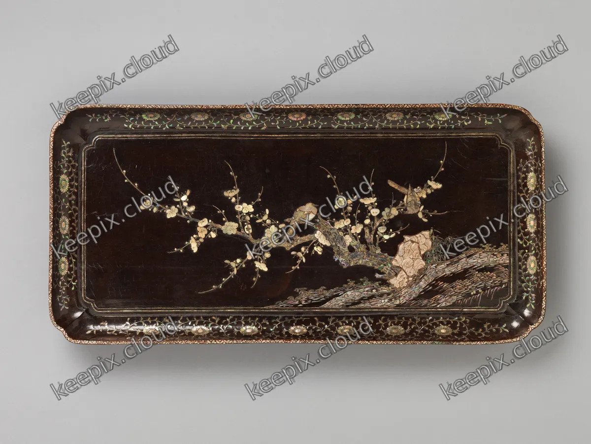 Rectangular tray with flowering plums and magpies