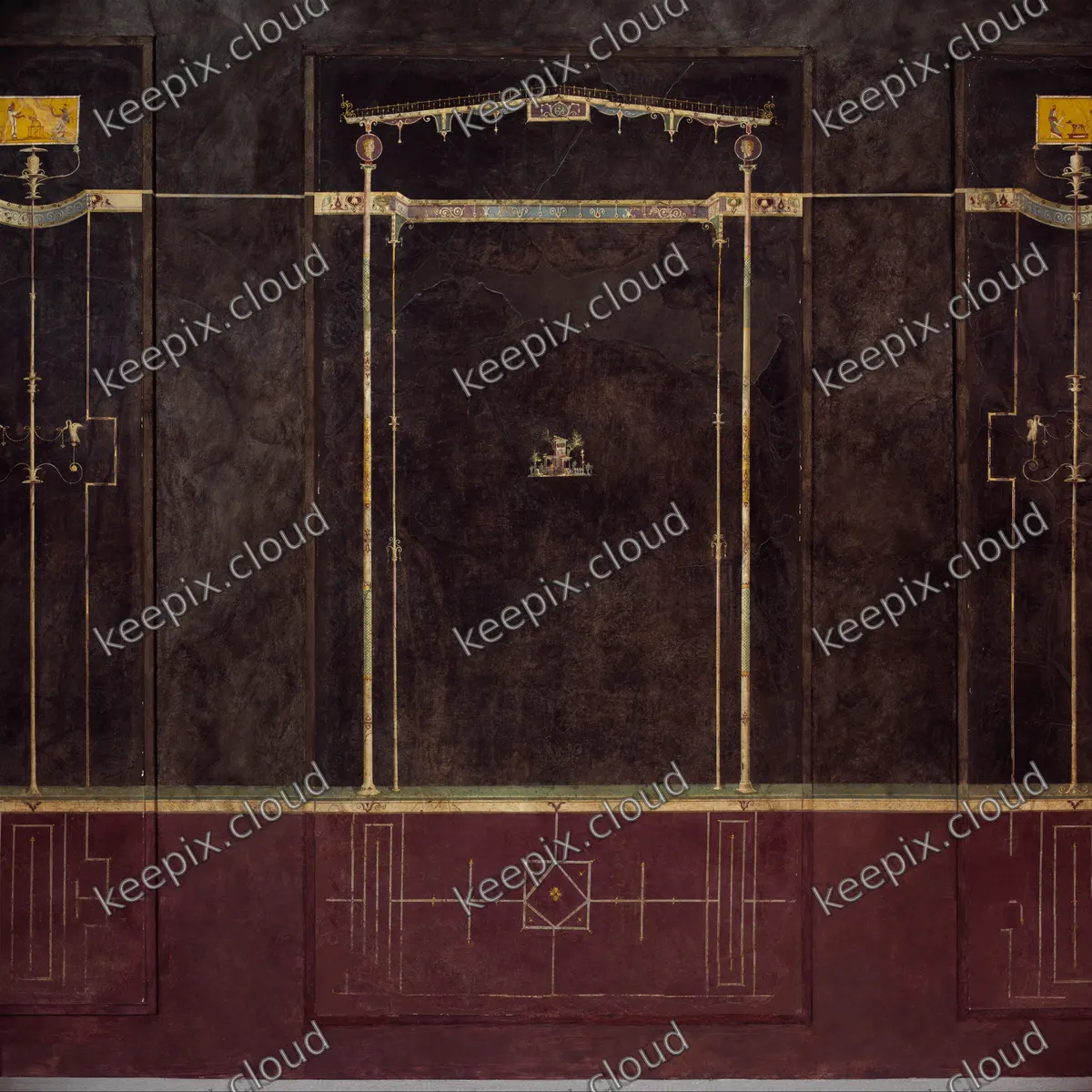 Wall painting on black ground: Aedicula with small landscape, from the imperial villa at Boscotrecase